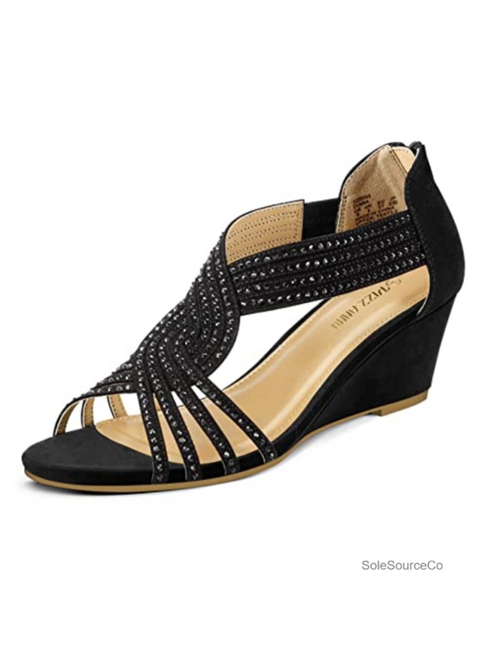 LOW WEDGE HEEL Sandals Sparkly Rhinestone Open Toe Suede Dress Shoes Womens